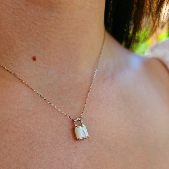 Sterling Silver Mother of Pearl Dainty Pendant Lock - Picture 10 of 12